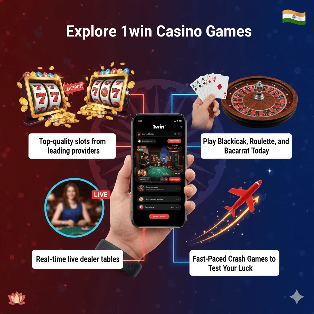 Explore exciting 1win India casino games including slots, roulette, and live dealer tables